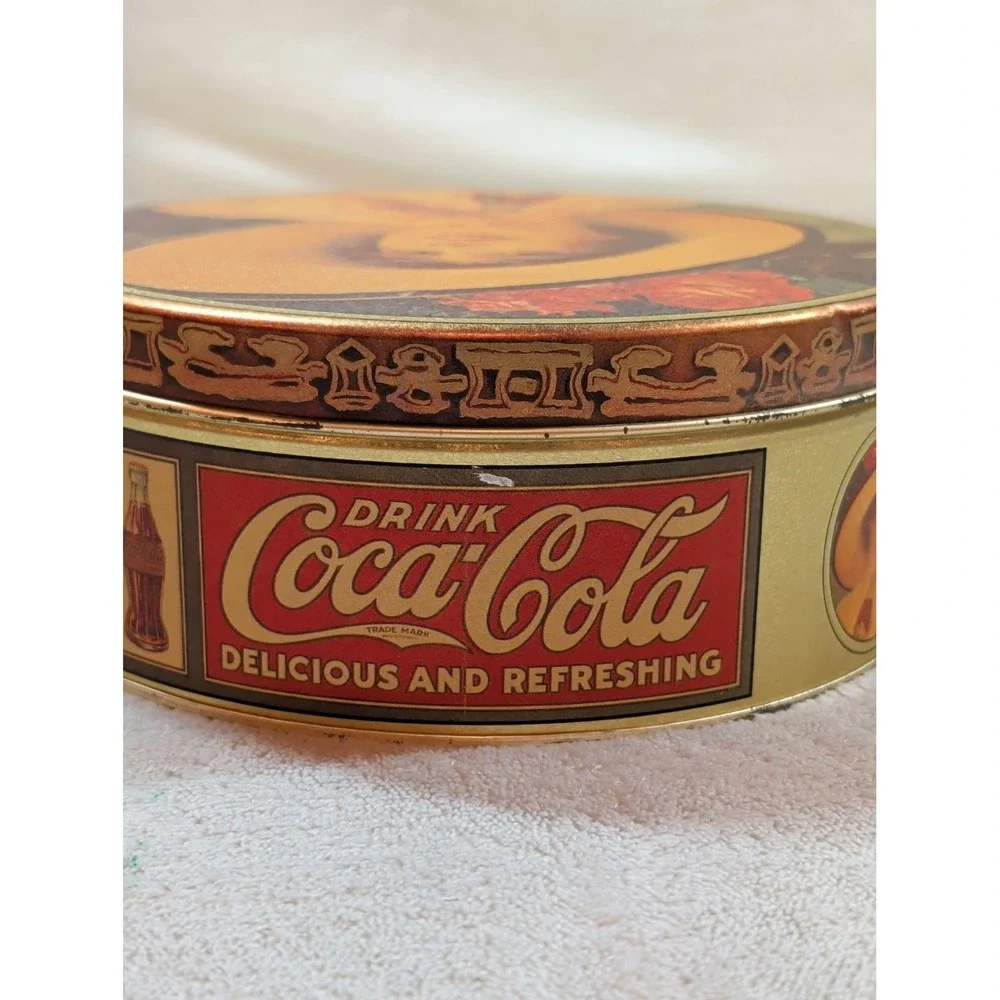 Vintage 1984 Coca-Cola Collectible Tin Girl With Hat Bristol Ware Round Gold 6in